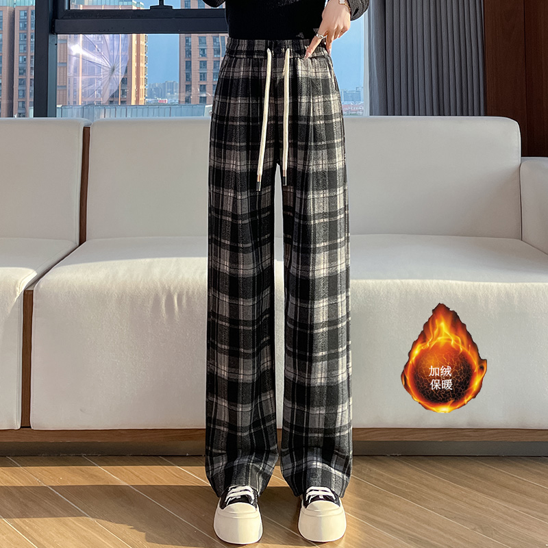 Vintage plaid casual pants for women in the autumn and winter of 2025, fashionable and stylish, versatile, elastic waisted wide leg pants Vintage plaid casual pants for women in the autumn and winter of 2025, fashionable and stylish, versatile, elastic waisted wide leg pants