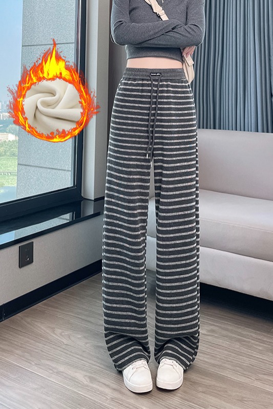 Velvet thickened temperament striped long pants for women in autumn and winter 2025, with a niche and casual design, versatile and elastic waisted wide leg pants Velvet thickened temperament striped long pants for women in autumn and winter 2025, with a niche and casual design, versatile and elastic waisted wide leg pants