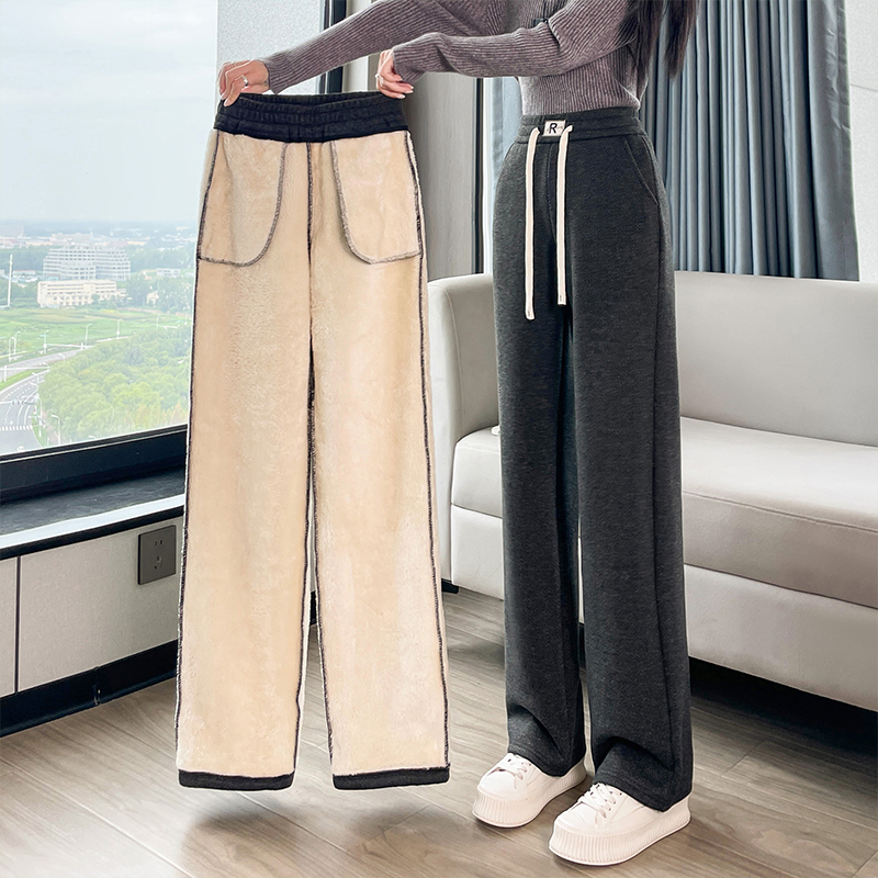 Thick and warm lamb wool narrow version wide leg pants for women in autumn and winter, fashionable and simple temperament, versatile commuting sports and leisure pants Thick and warm lamb wool narrow version wide leg pants for women in autumn and winter, fashionable and simple temperament, versatile commuting sports and leisure pants