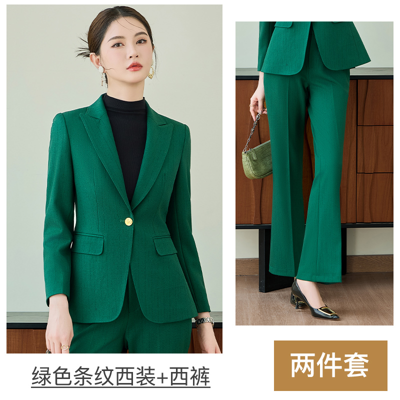 Advanced green striped suit set for women in early autumn 2025, slim fit, one button commuting formal suit, professional work uniform Advanced green striped suit set for women in early autumn 2025, slim fit, one button commuting formal suit, professional work uniform