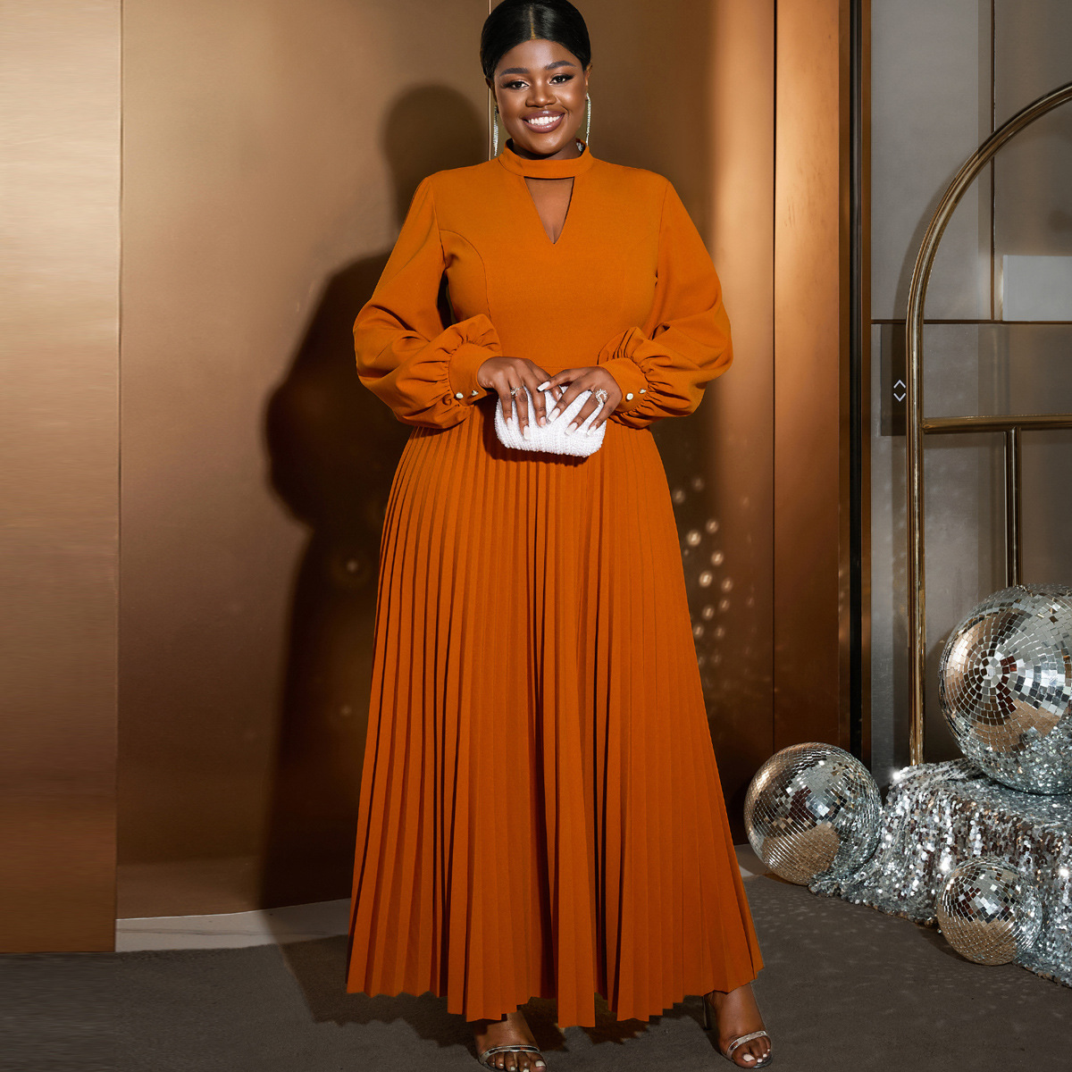 European and American plus light mature style hollow out small stand up collar dress, comfortable and loose lantern sleeves pleated skirt, dress