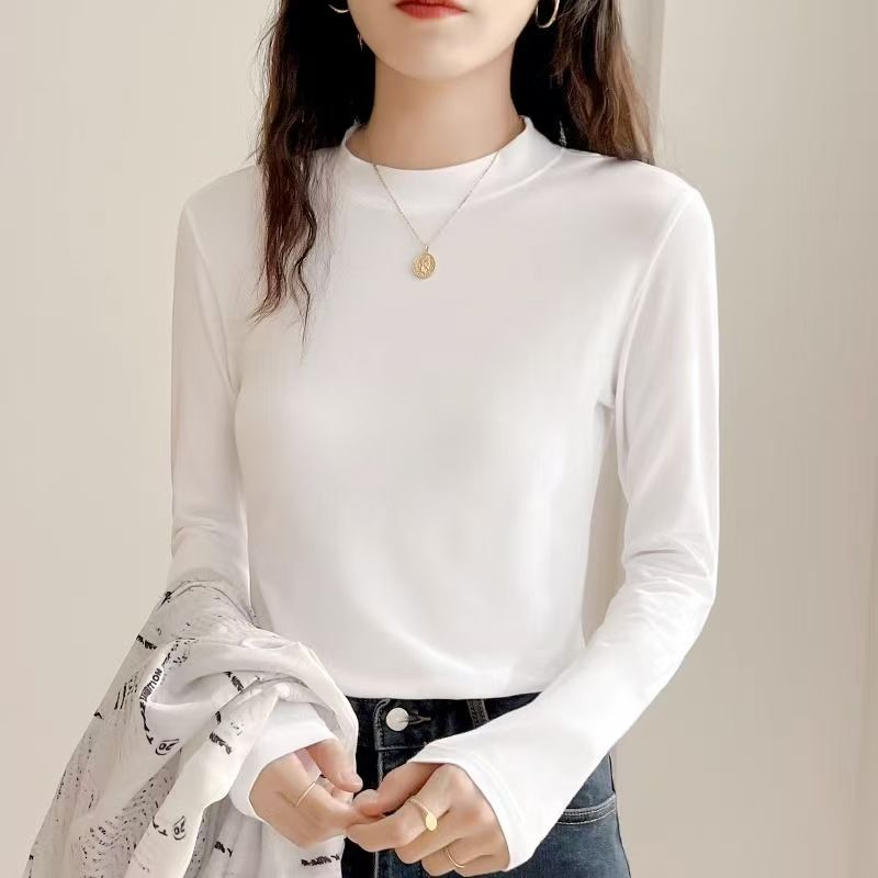 Slimming and slimming long sleeved T-shirt for women in autumn and winter 2025, with a niche and casual design, versatile temperament, round neck base shirt Slimming and slimming long sleeved T-shirt for women in autumn and winter 2025, with a niche and casual design, versatile temperament, round neck base shirt