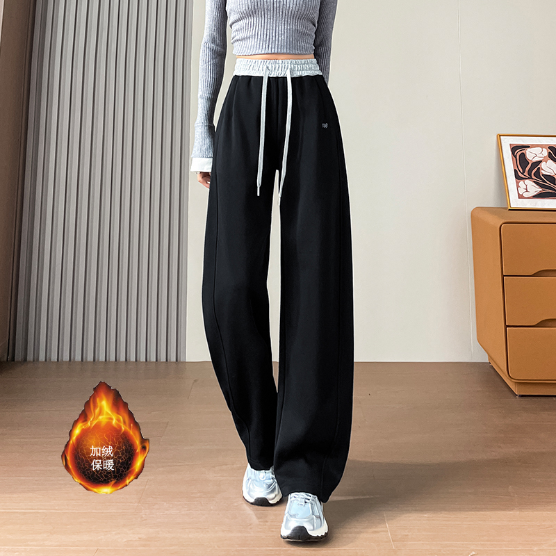 Women's winter new style of warm and elastic waisted sports pants with added velvet and thickening, simple and capable temperament, versatile wide leg pants for commuting Women's winter new style of warm and elastic waisted sports pants with added velvet and thickening, simple and capable temperament, versatile wide leg pants for commuting