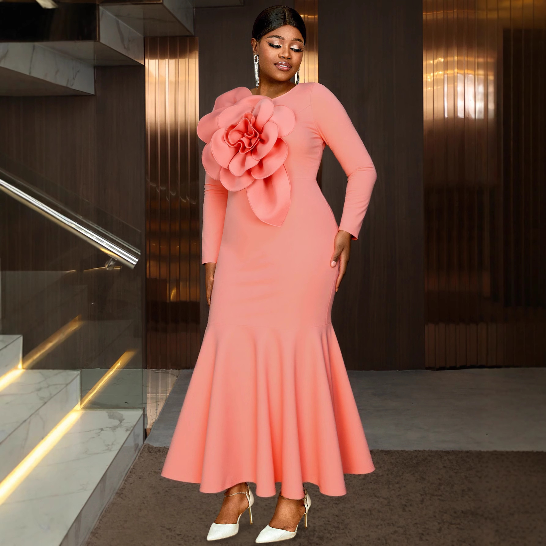 Large size women's pink three-dimensional flower long sleeved fishtail skirt elegant temperament fashionable party dress Dresses