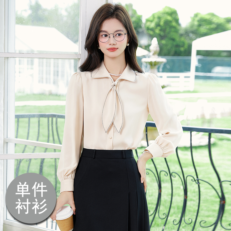 Fashionable Western style bow tie shirt for women 2025 early autumn new style, simple temperament, casual versatile commuting long sleeved shirt Fashionable Western style bow tie shirt for women 2025 early autumn new style, simple temperament, casual versatile commuting long sleeved shirt