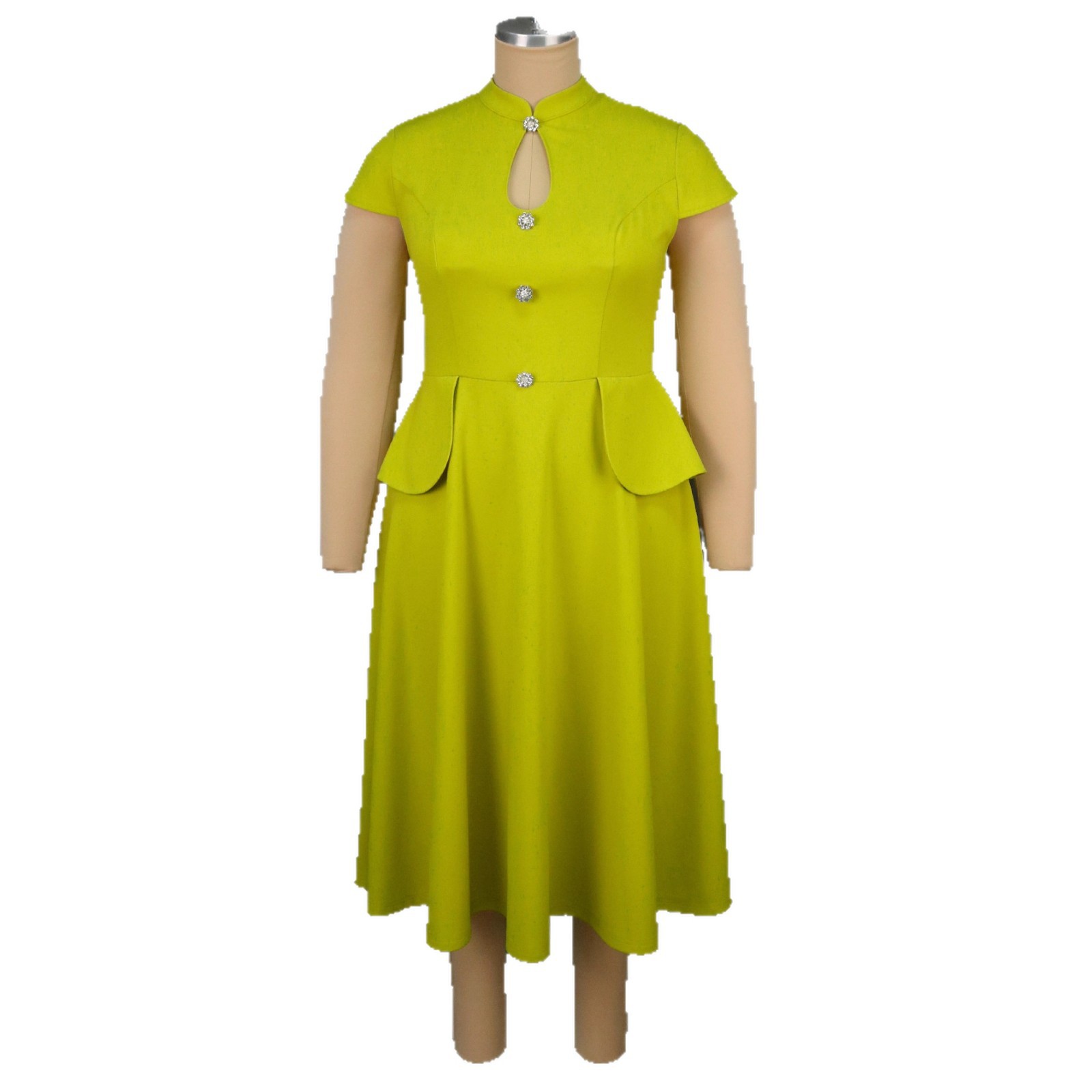 Cross border plus size solid color hollow out short sleeved dress with stand up collar, large A-line, elegant evening dress, Dress party Cross border plus size solid color hollow out short sleeved dress with stand up collar, large A-line, elegant evening dress, Dress party