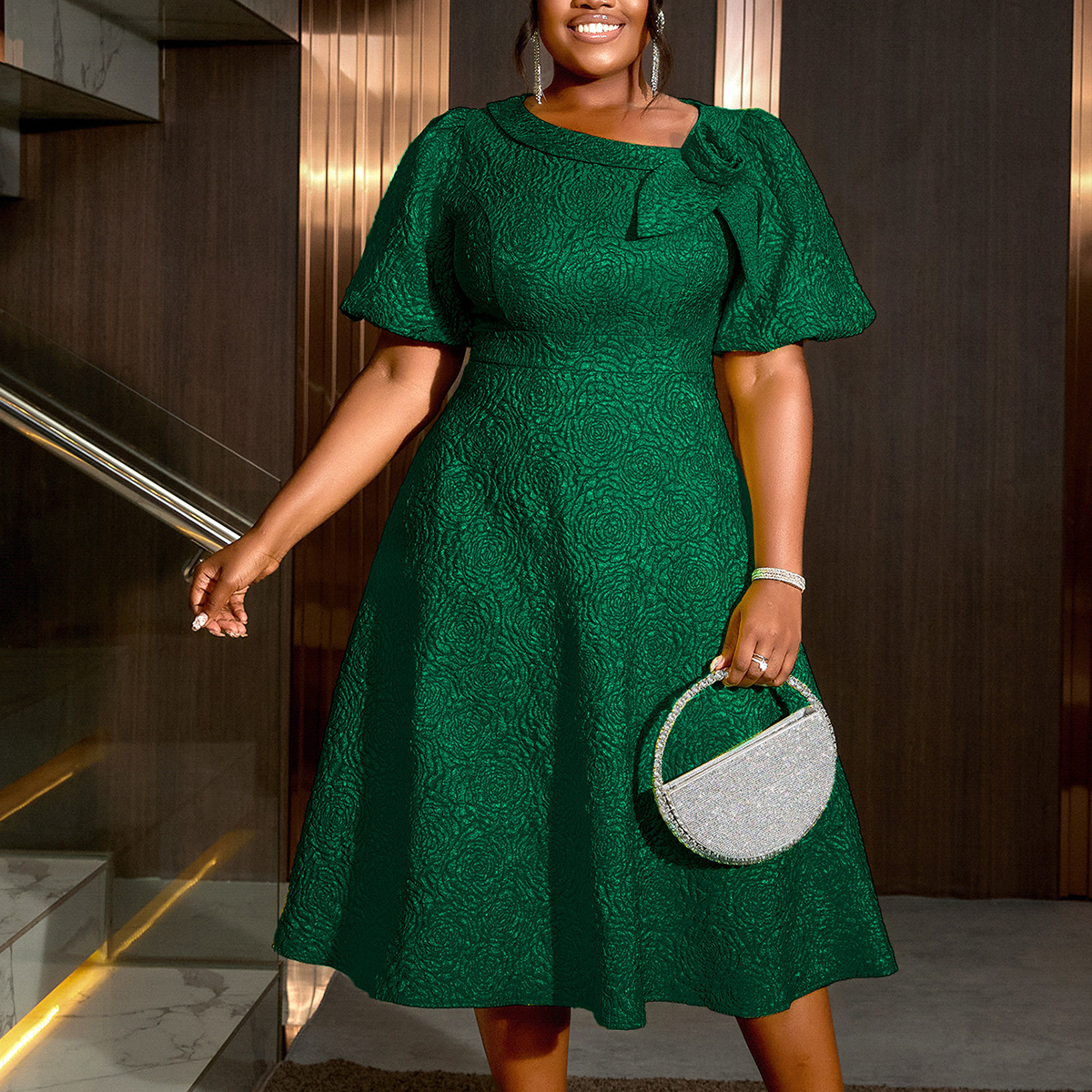 Large New Fashionable Bubble Sleeve High Waist Evening Dress Party Commuting Comfortable Jacquard Dress Dress