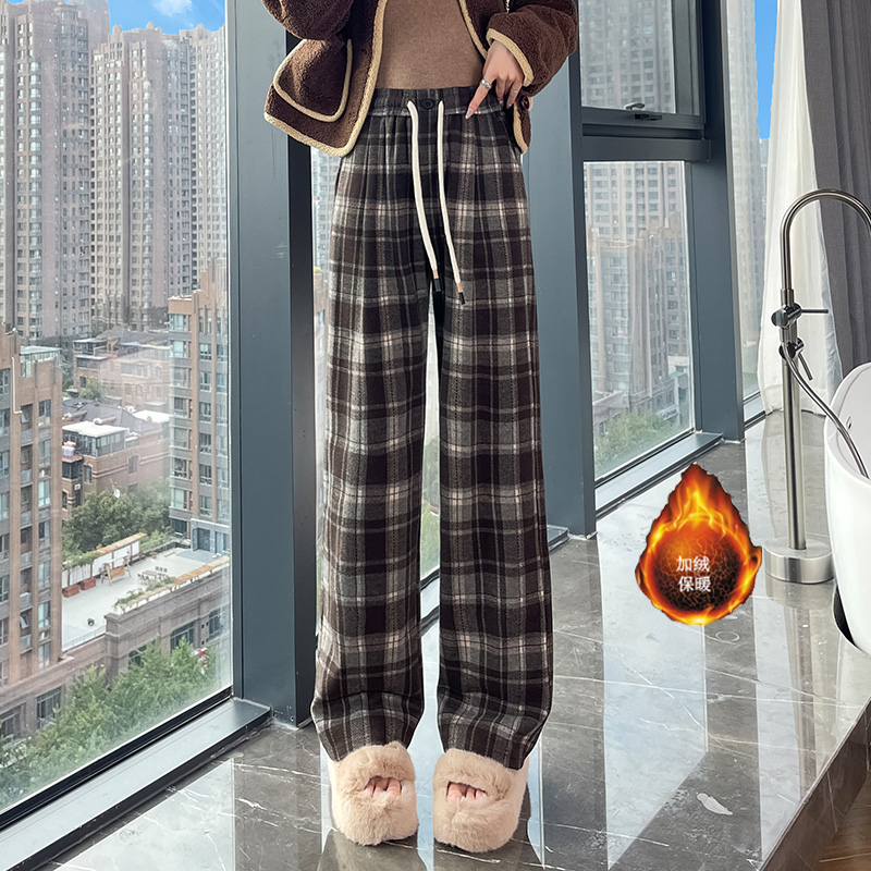 Vintage plaid casual pants for women in the autumn and winter of 2025, fashionable and stylish, versatile, elastic waisted wide leg pants