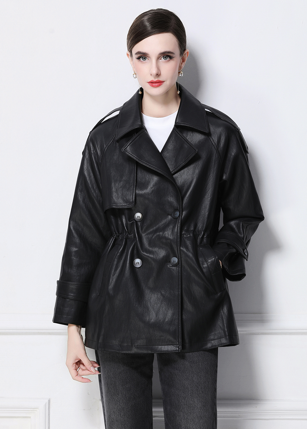 Realistic photo of retro PU leather mid length leather jacket 905 on the European station Realistic photo of retro PU leather mid length leather jacket 905 on the European station