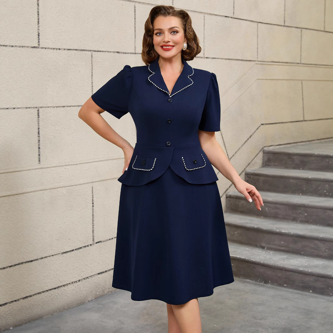 Oversized retro mom dress with lapel and ruffle edge for women, exuding a slimming and fashionable look. Dresses