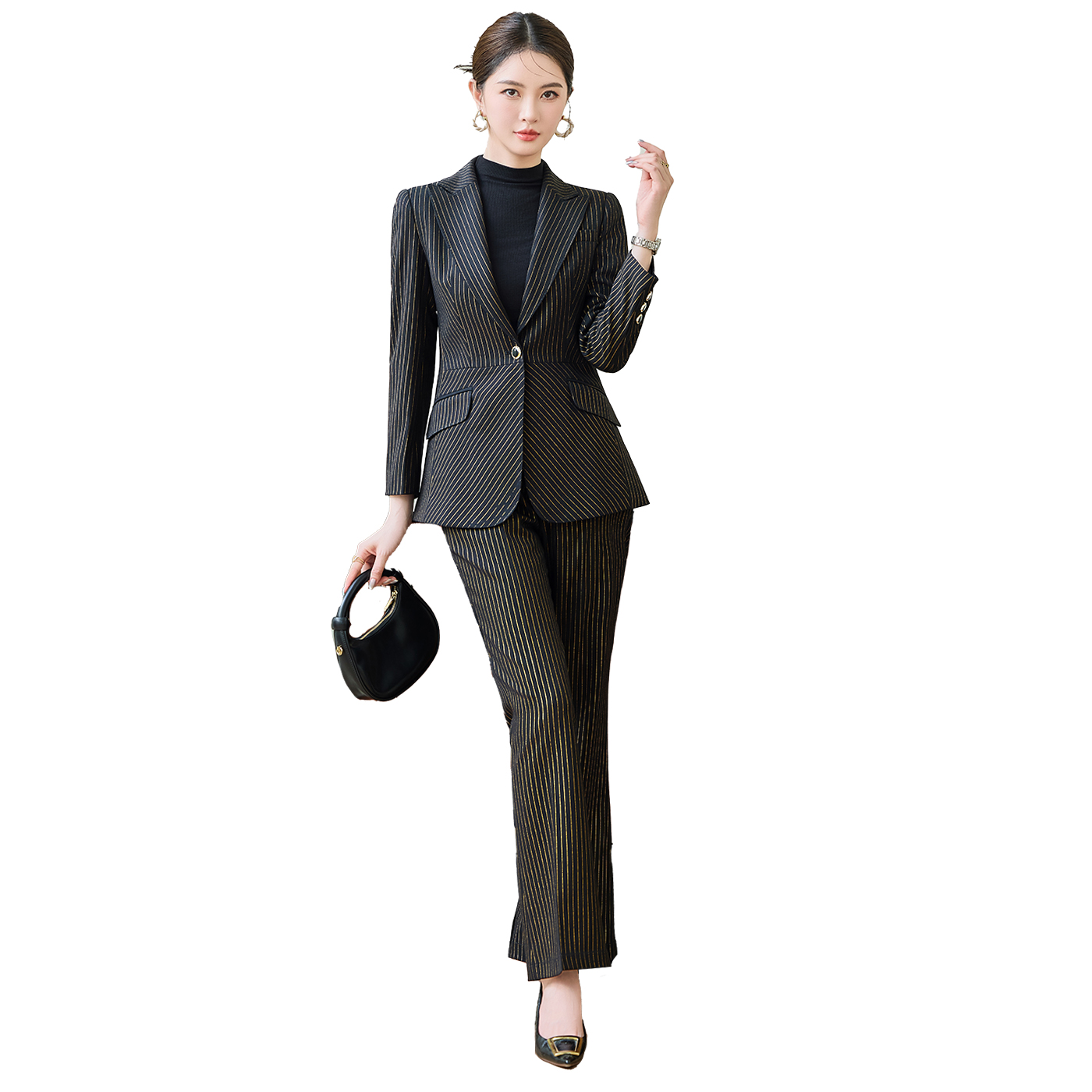 Temperament women's professional work clothes striped suit jacket 2025 autumn decoration one button commuting formal suit set Temperament women's professional work clothes striped suit jacket 2025 autumn decoration one button commuting formal suit set
