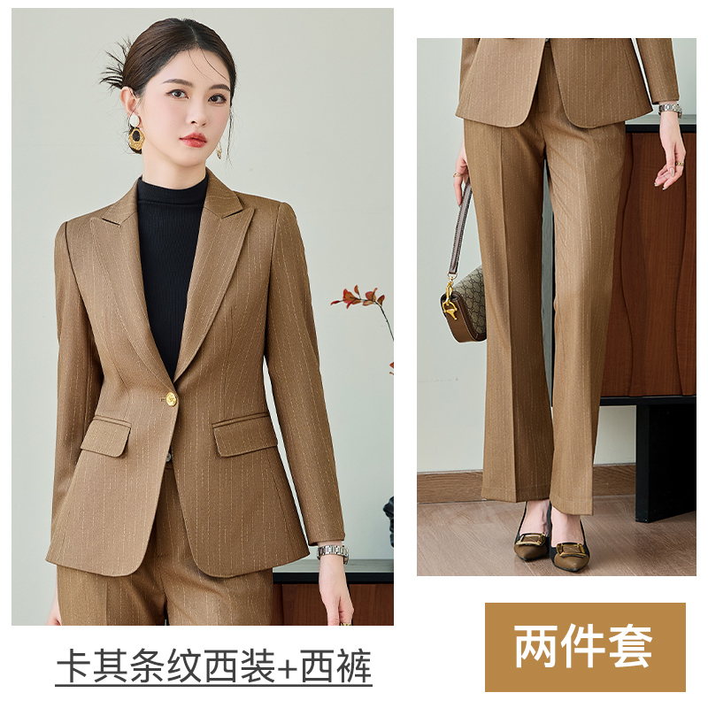 Advanced green striped suit set for women in early autumn 2025, slim fit, one button commuting formal suit, professional work uniform Advanced green striped suit set for women in early autumn 2025, slim fit, one button commuting formal suit, professional work uniform