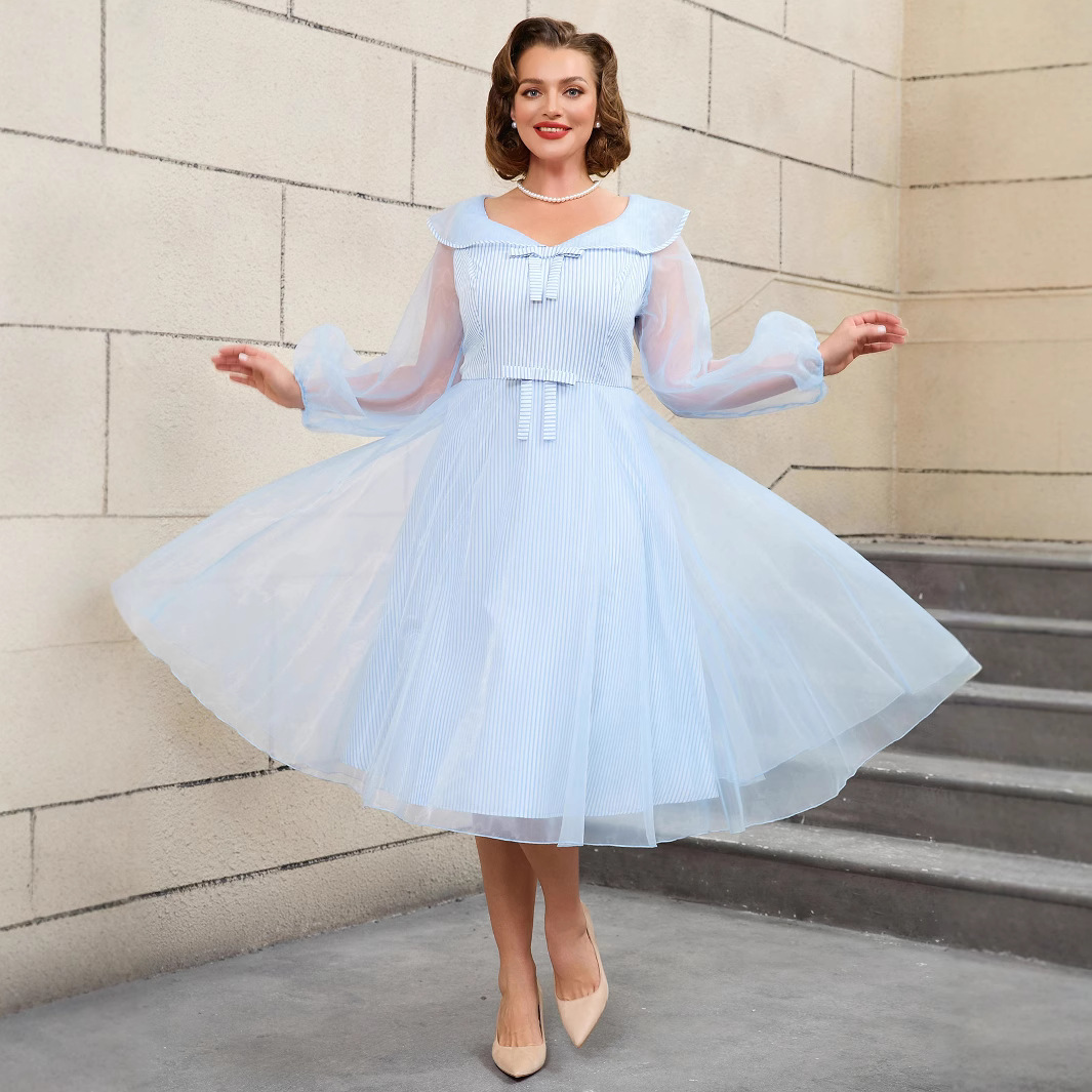 AM050258 Mesh Splicing Color Weaving Stripe A Swing Dress with High Waist for Slimming Graduation Dress