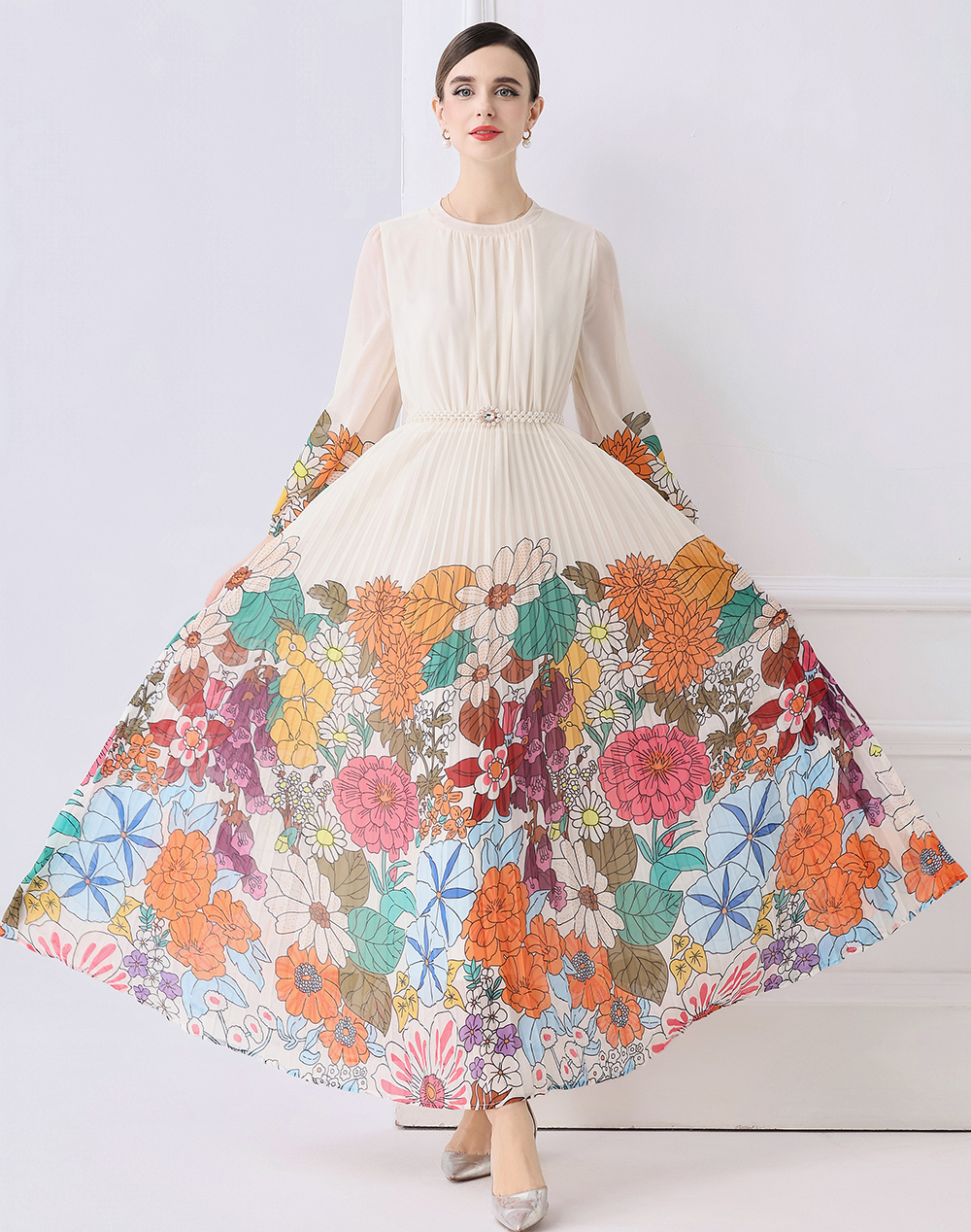 Real time shooting of European and American fashionable pleated long hem printed dress Real time shooting of European and American fashionable pleated long hem printed dress