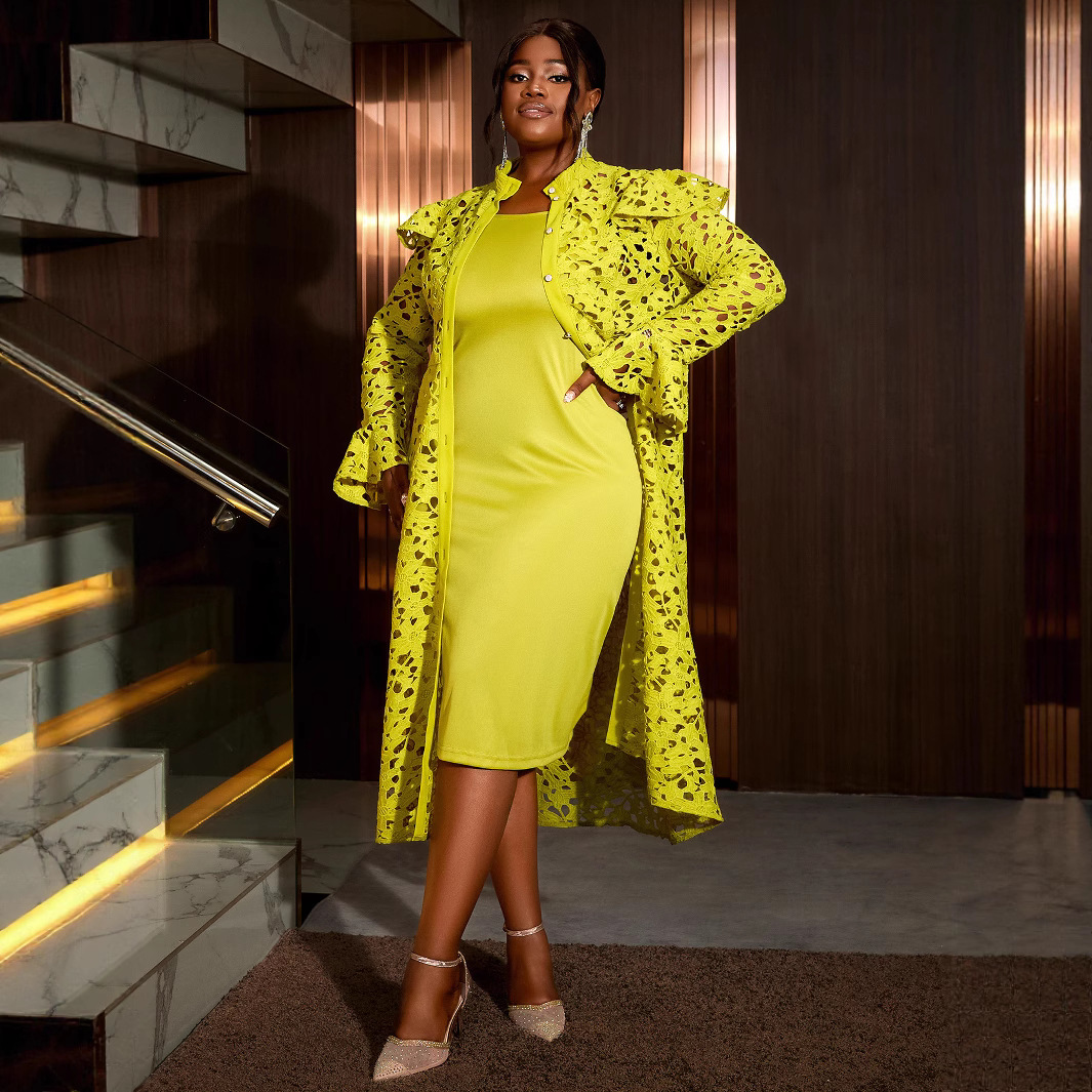 European and American plus size lace jacket dress, half high collar cardigan with camisole inside, fashionable and stylish one-piece set