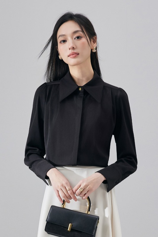 Casual and versatile black shirt for women in early autumn 2025, fashionable and simple temperament, goddess style commuting long sleeved shirt Casual and versatile black shirt for women in early autumn 2025, fashionable and simple temperament, goddess style commuting long sleeved shirt