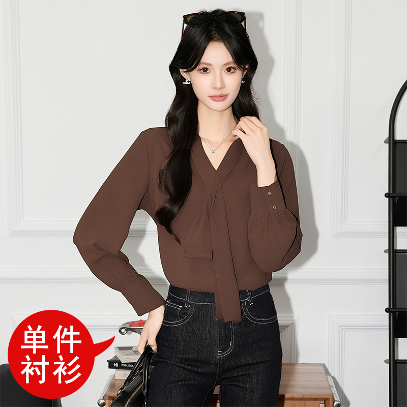 Temperament V-neck ribbon shirt for women in autumn 2025, new casual and versatile OL fashion, simple and stylish long sleeved shirt Temperament V-neck ribbon shirt for women in autumn 2025, new casual and versatile OL fashion, simple and stylish long sleeved shirt