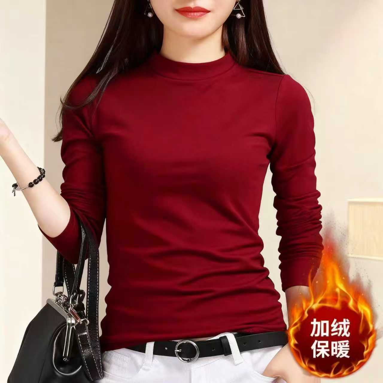 Velvet warm fit slimming base shirt for women in autumn and winter 2025, new minimalist style, small and versatile T-shirt