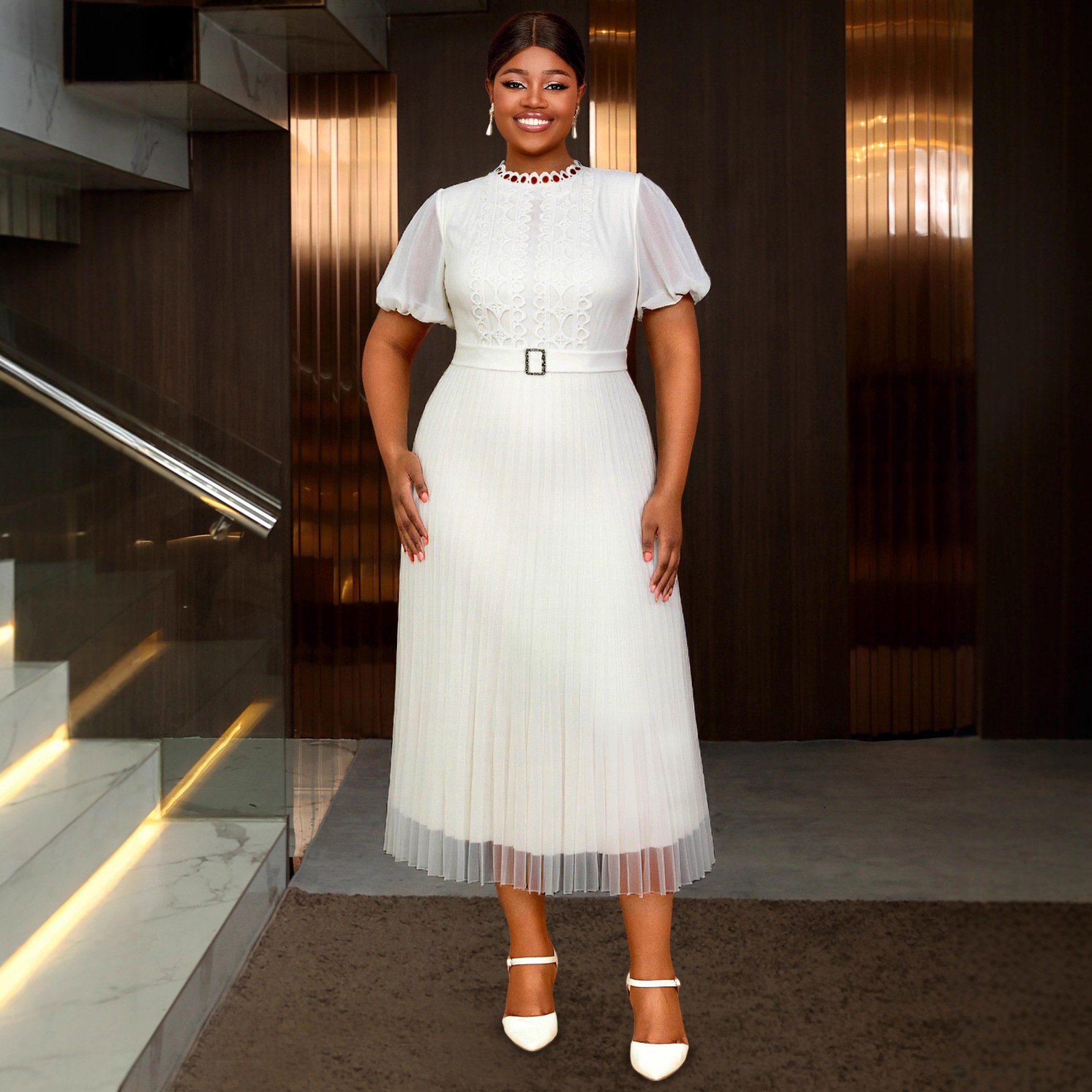 Elegant white lace hollow out dress for plus size women with bubble sleeves and rhinestone buttons, pleated mid length party dress