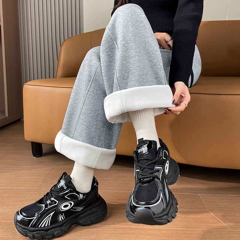 Women's winter new style of warm and elastic waisted sports pants with added velvet and thickening, simple and capable temperament, versatile wide leg pants for commuting Women's winter new style of warm and elastic waisted sports pants with added velvet and thickening, simple and capable temperament, versatile wide leg pants for commuting
