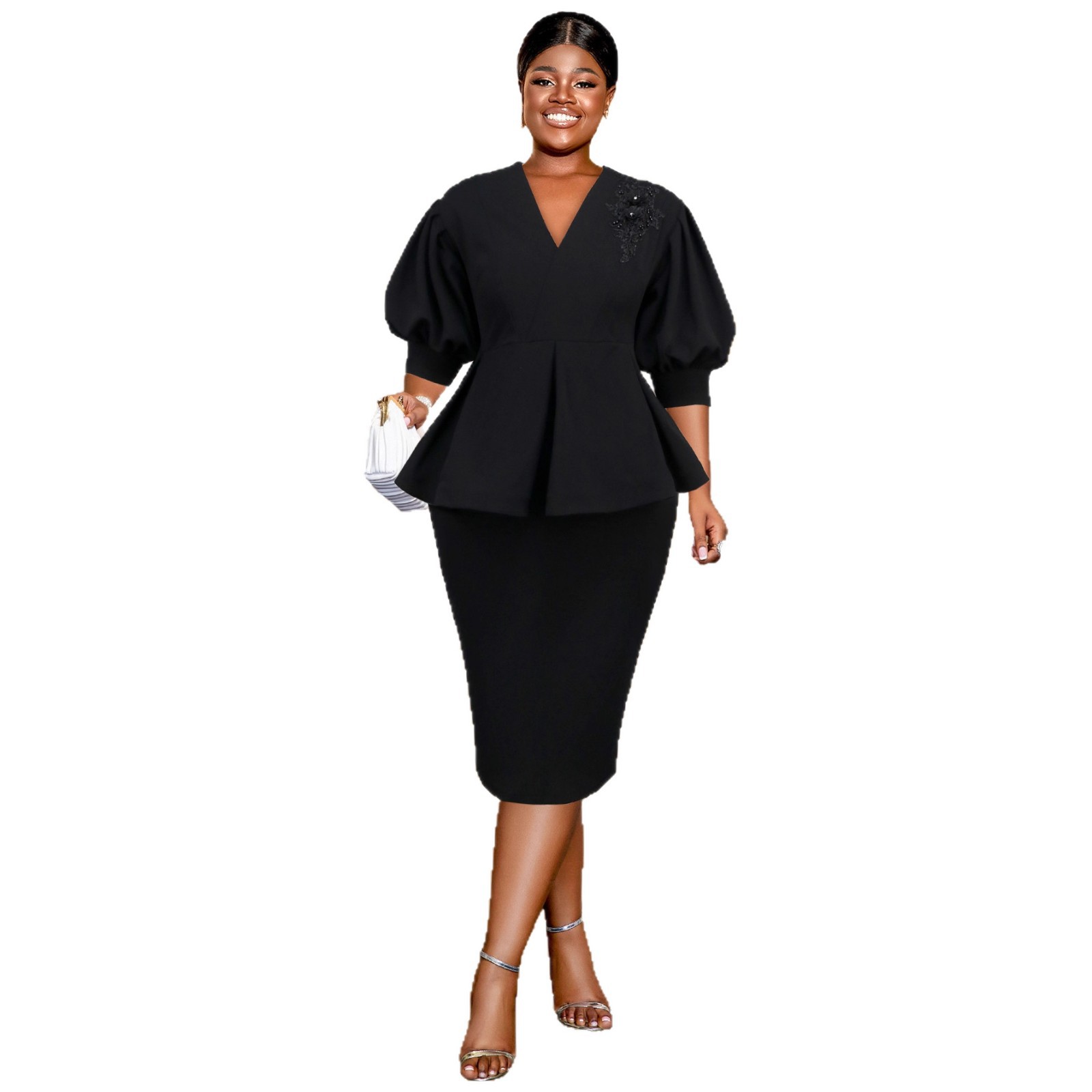 Large size women's black V-neck bubble sleeves with ruffled edges, waist bag and hip skirt set, commuting fashion temperament two-piece set Large size women's black V-neck bubble sleeves with ruffled edges, waist bag and hip skirt set, commuting fashion temperament two-piece set