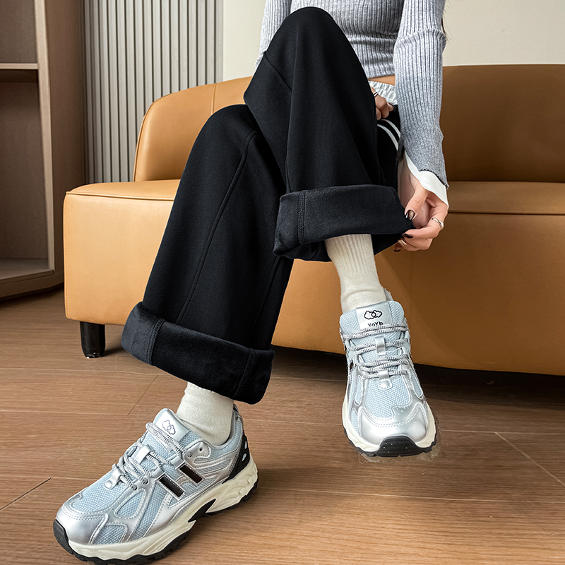 Women's winter new style of warm and elastic waisted sports pants with added velvet and thickening, simple and capable temperament, versatile wide leg pants for commuting Women's winter new style of warm and elastic waisted sports pants with added velvet and thickening, simple and capable temperament, versatile wide leg pants for commuting
