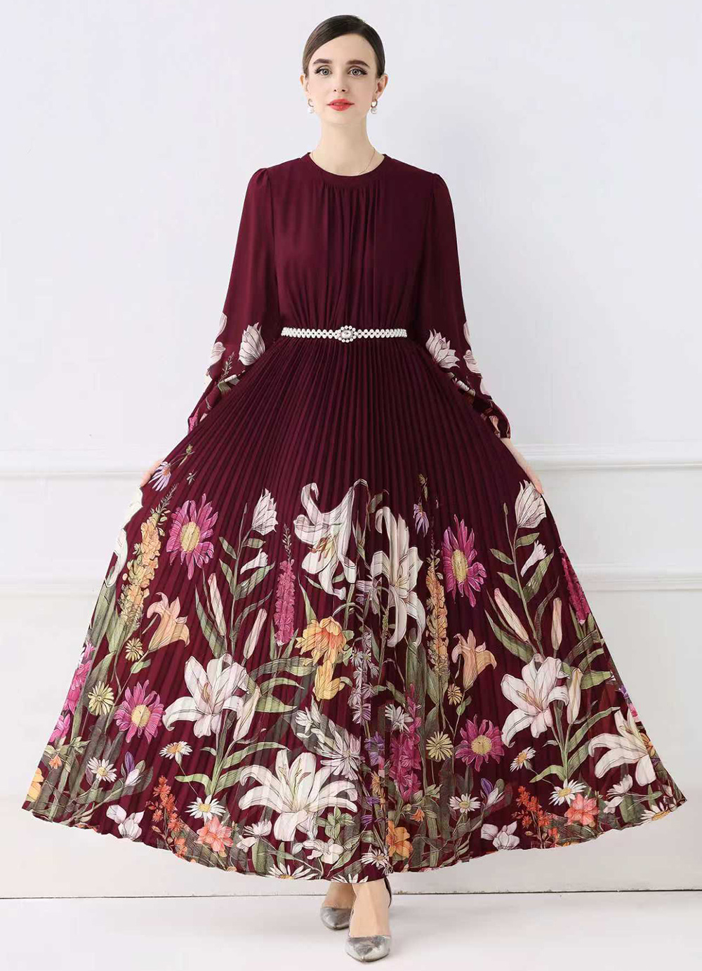 Real time shooting of European and American fashionable pleated long hem printed dress