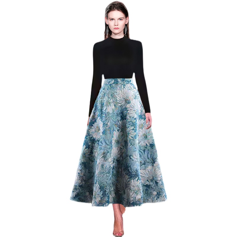Realistic shooting of slim fitting knitted sweater+Hepburn jacquard retro high waisted large swing skirt set Realistic shooting of slim fitting knitted sweater+Hepburn jacquard retro high waisted large swing skirt set