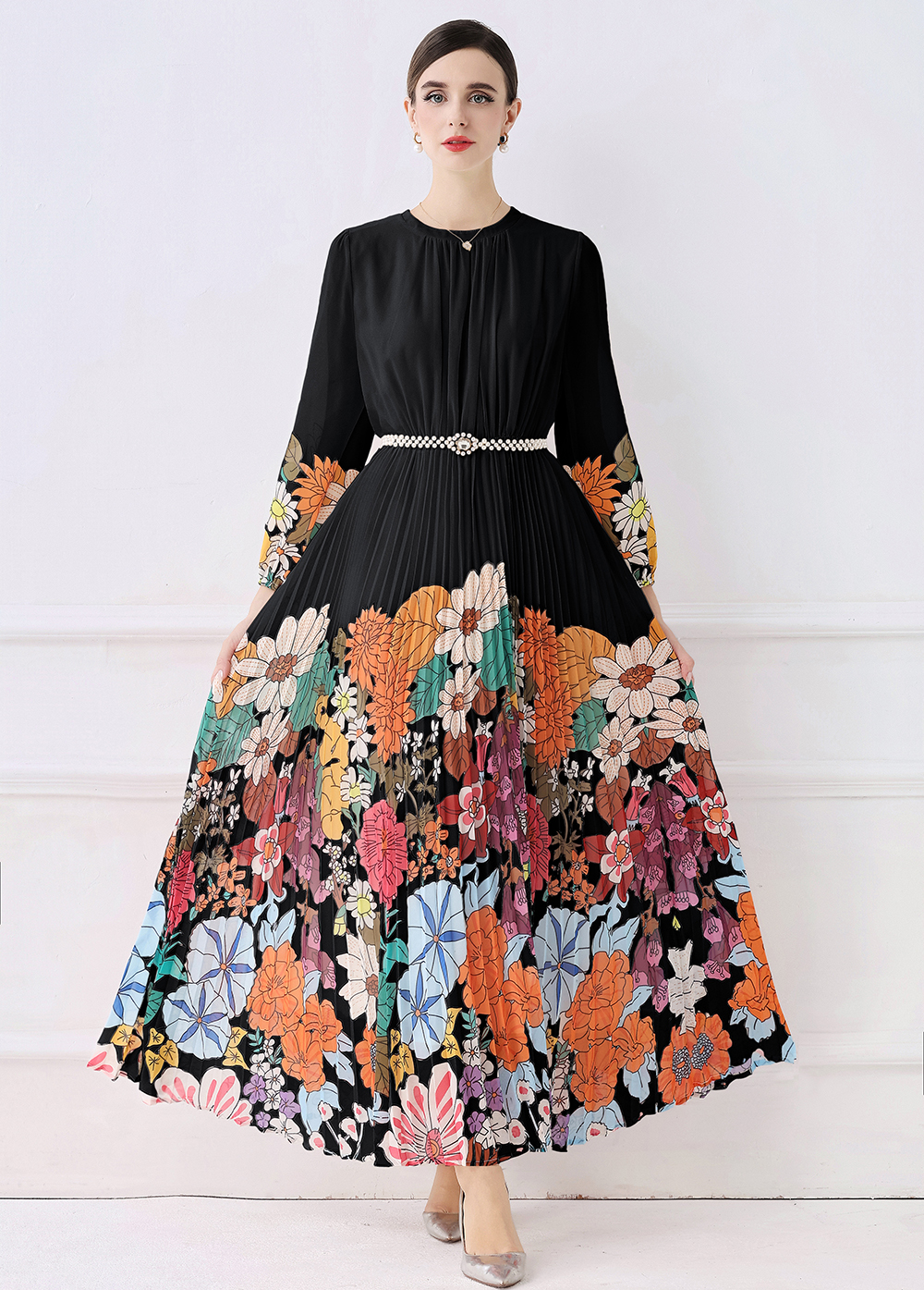 Real time shooting of European and American fashionable pleated long hem printed dress