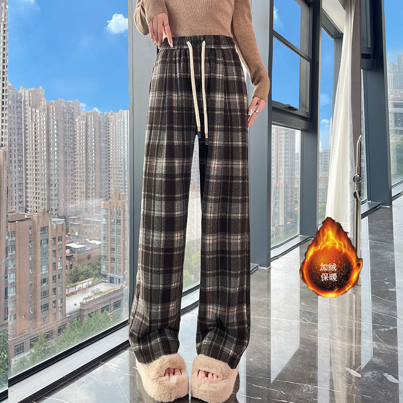 Vintage plaid casual pants for women in the autumn and winter of 2025, fashionable and stylish, versatile, elastic waisted wide leg pants Vintage plaid casual pants for women in the autumn and winter of 2025, fashionable and stylish, versatile, elastic waisted wide leg pants
