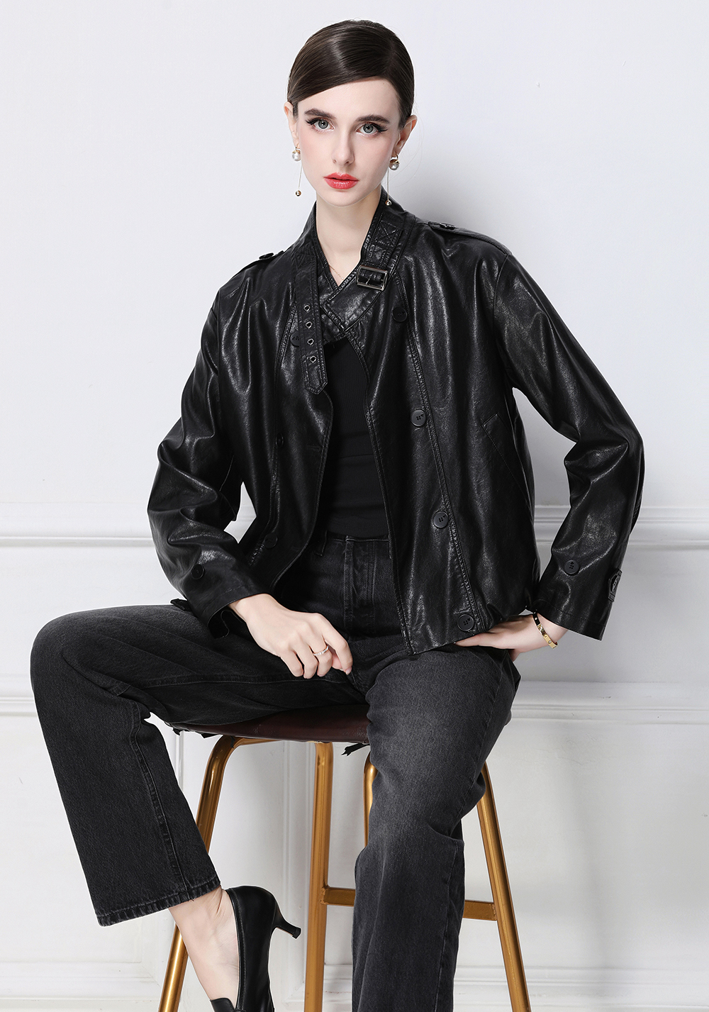 Realistic photo of retro stand up collar double breasted PU leather jacket jacket 901 for the European station Realistic photo of retro stand up collar double breasted PU leather jacket jacket 901 for the European station