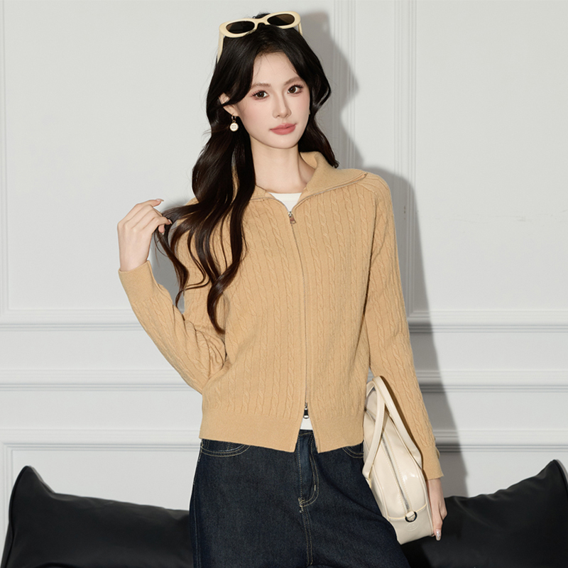 Design sense of western-style double zipper sweater for women in autumn 2025, new style for small stature, versatile base shirt, top Design sense of western-style double zipper sweater for women in autumn 2025, new style for small stature, versatile base shirt, top