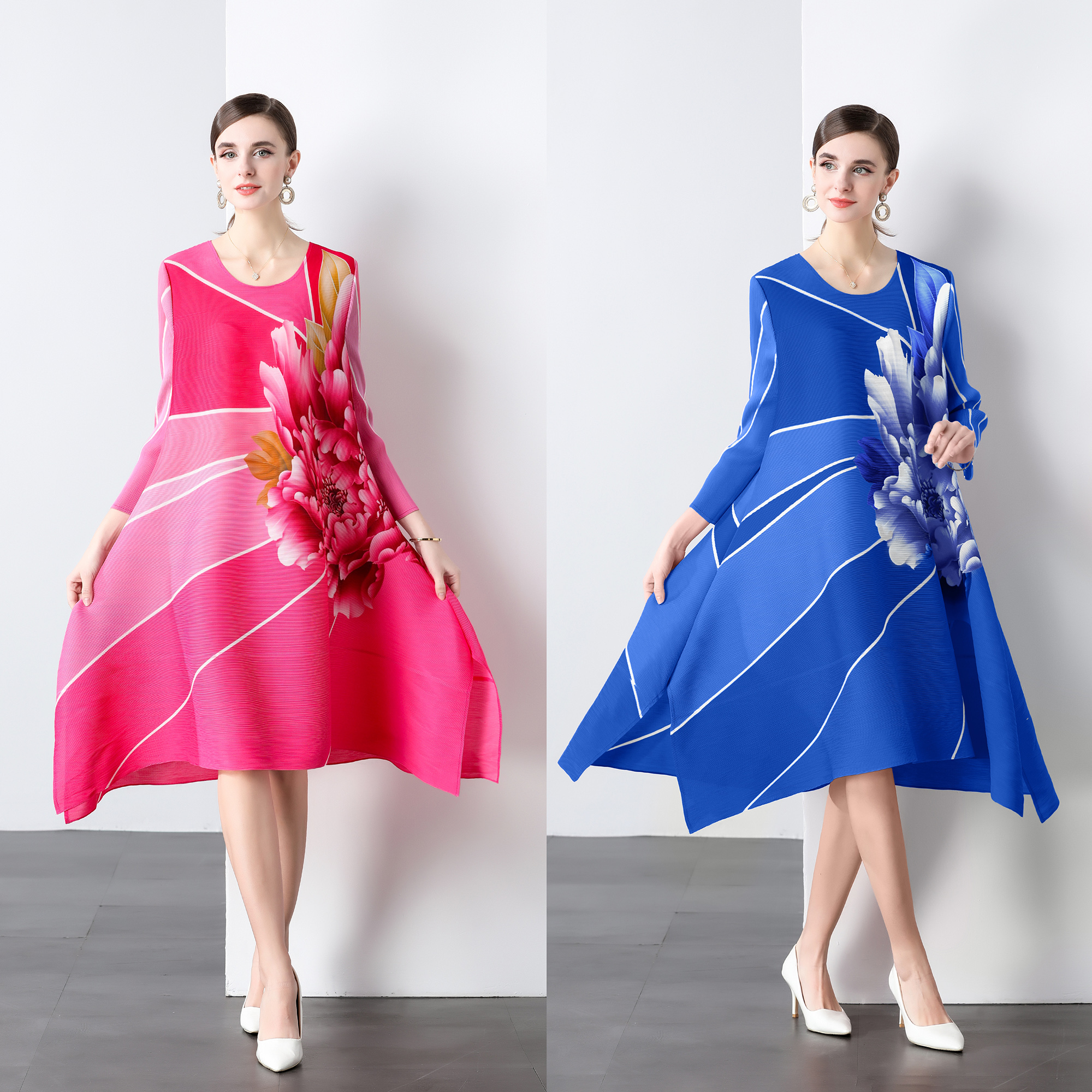 Miyake 2025 Summer Large Skirt Mid to Long Sleeves Look Skinny Round Neck Printed Splicing Loose Folded Nine Cent Sleeve Dress