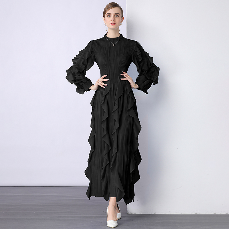 Sanzhai Cross border European and American Lotus Leaf Edge Heavy Industry Design Feel Folded High Waist Long Sleeve Light Mature Wind Loose Hanging Dress Sanzhai Cross border European and American Lotus Leaf Edge Heavy Industry Design Feel Folded High Waist Long Sleeve Light Mature Wind Loose Hanging Dress