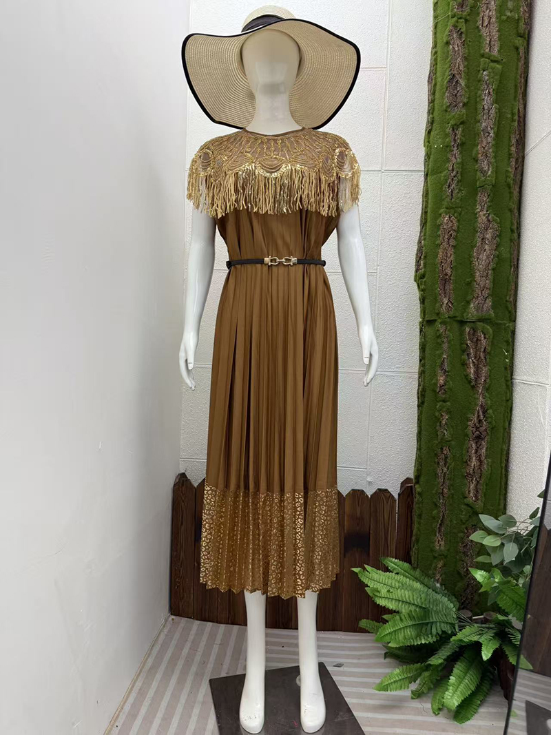 Miyake Cross border Heavy Industry Hot Stamping High end Dress, socialite style sequin decoration design, pleated loose women's long dress Miyake Cross border Heavy Industry Hot Stamping High end Dress, socialite style sequin decoration design, pleated loose women's long dress