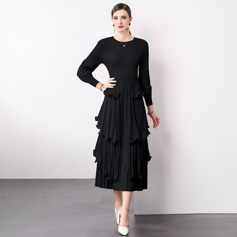 Miyake Foreign Trade Heavy Industry Mushroom Edge Design Lantern Sleeves Long Sleeves Round Neck European and American Medium length Skirt Folded Women's Dress Miyake Foreign Trade Heavy Industry Mushroom Edge Design Lantern Sleeves Long Sleeves Round Neck European and American Medium length Skirt Folded Women's Dress