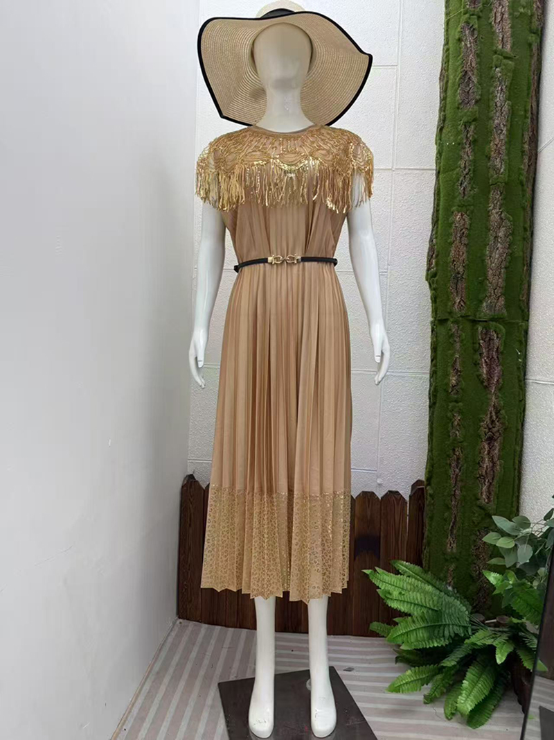 Miyake Cross border Heavy Industry Hot Stamping High end Dress, socialite style sequin decoration design, pleated loose women's long dress Miyake Cross border Heavy Industry Hot Stamping High end Dress, socialite style sequin decoration design, pleated loose women's long dress