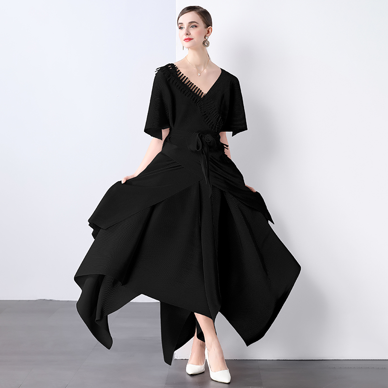 Miyake Foreign Trade Design Jacket Strap Fashion Loose Nail Bead tassel Irregular Wrinkle Solid Color V-neck Set Miyake Foreign Trade Design Jacket Strap Fashion Loose Nail Bead tassel Irregular Wrinkle Solid Color V-neck Set