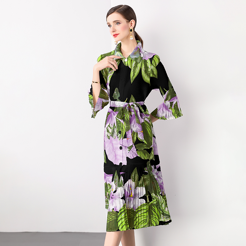 Miyake trumpet sleeve ruffle print style dress, women's long sleeved pleated cardigan style dress with a cinched waist, elongated design Miyake trumpet sleeve ruffle print style dress, women's long sleeved pleated cardigan style dress with a cinched waist, elongated design