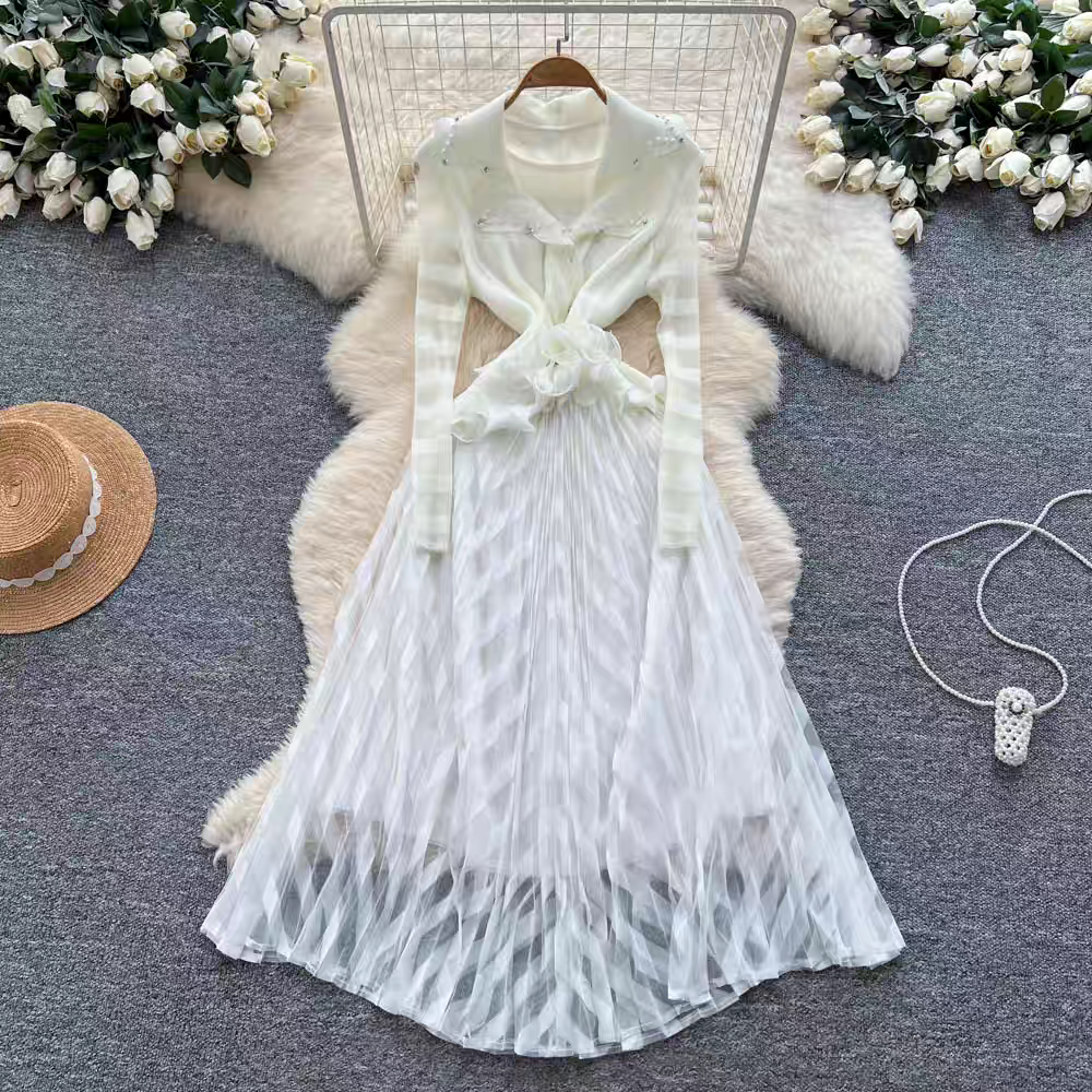 European and American cross-border high-end three bedroom nail bead mesh splicing suit collar pleated long sleeved waist cinched black fungus edge women's dress European and American cross-border high-end three bedroom nail bead mesh splicing suit collar pleated long sleeved waist cinched black fungus edge women's dress