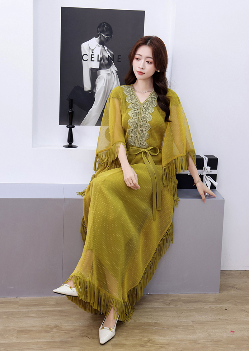 Miyake Cross border Loose Bat Sleeve Tassel Folded Lace Decal Dress Middle Eastern Female Muslim Waist Straw Fabric Miyake Cross border Loose Bat Sleeve Tassel Folded Lace Decal Dress Middle Eastern Female Muslim Waist Straw Fabric
