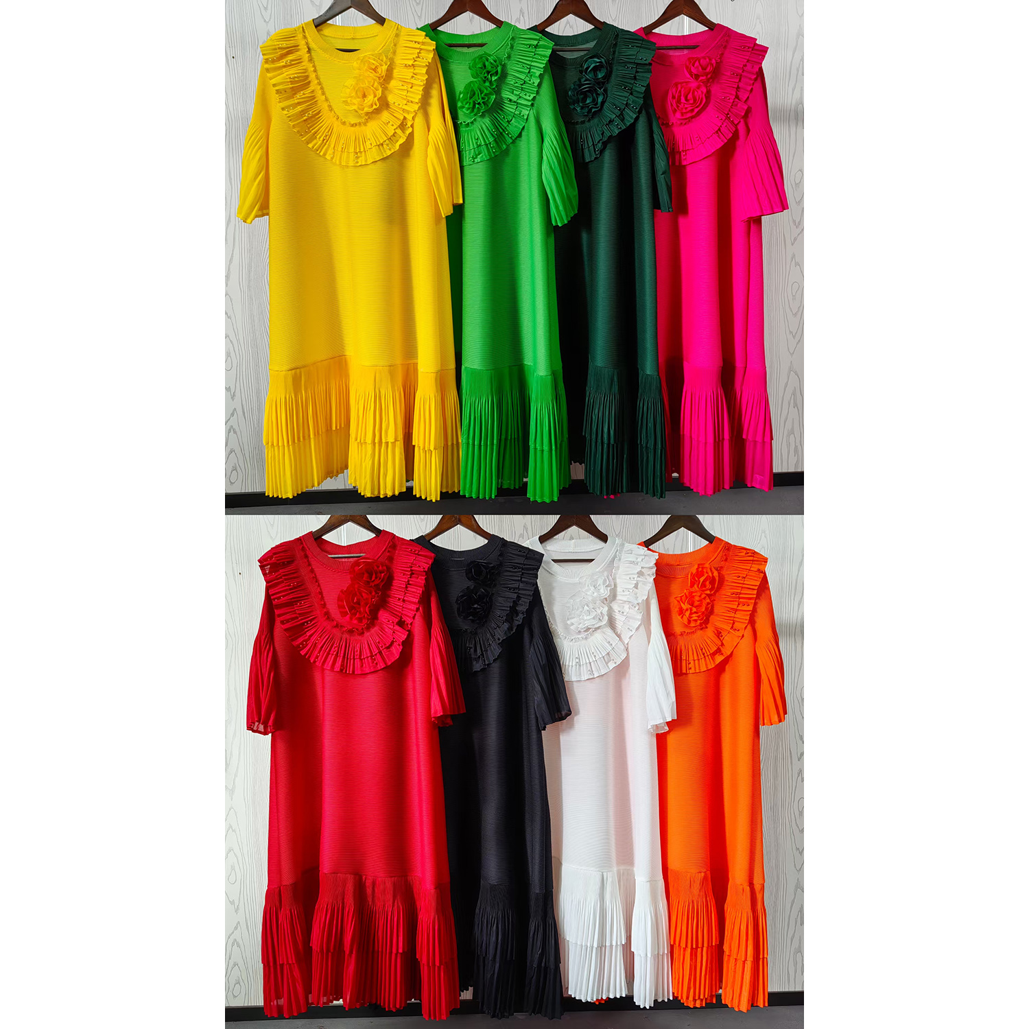 Sanzhai 2025 new lotus leaf edge three-dimensional flower nail bead loose oversized pleated heavy industry European and American cross-border dress Sanzhai 2025 new lotus leaf edge three-dimensional flower nail bead loose oversized pleated heavy industry European and American cross-border dress