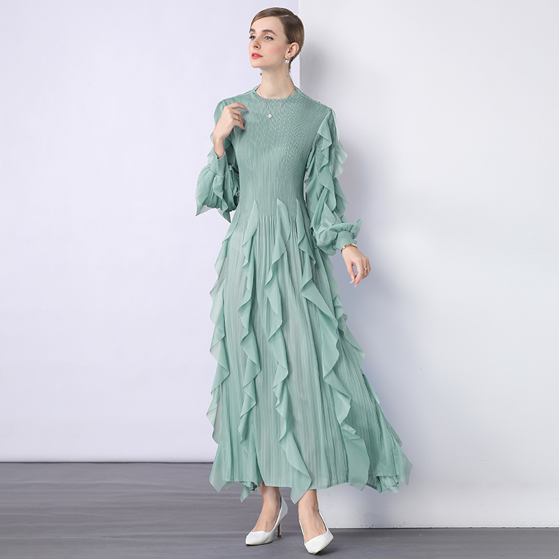 Sanzhai Cross border European and American Lotus Leaf Edge Heavy Industry Design Feel Folded High Waist Long Sleeve Light Mature Wind Loose Hanging Dress Sanzhai Cross border European and American Lotus Leaf Edge Heavy Industry Design Feel Folded High Waist Long Sleeve Light Mature Wind Loose Hanging Dress