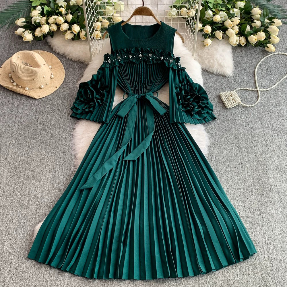 Miyake 2025 new one shoulder flared sleeve three-dimensional flower waist cinching slimming women's pleated dress cross-border nail bead Miyake 2025 new one shoulder flared sleeve three-dimensional flower waist cinching slimming women's pleated dress cross-border nail bead