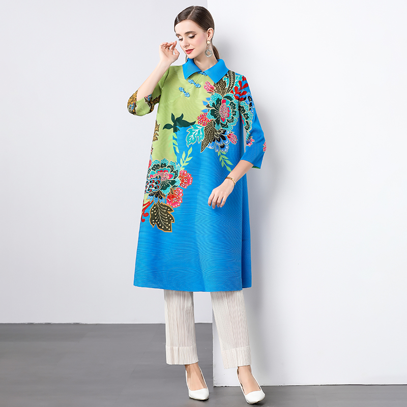 Miyake Chinese style lapel set with diamond print mm outfit with seven quarter sleeves and loose button pleats, shaking skirt, women's dress Miyake Chinese style lapel set with diamond print mm outfit with seven quarter sleeves and loose button pleats, shaking skirt, women's dress
