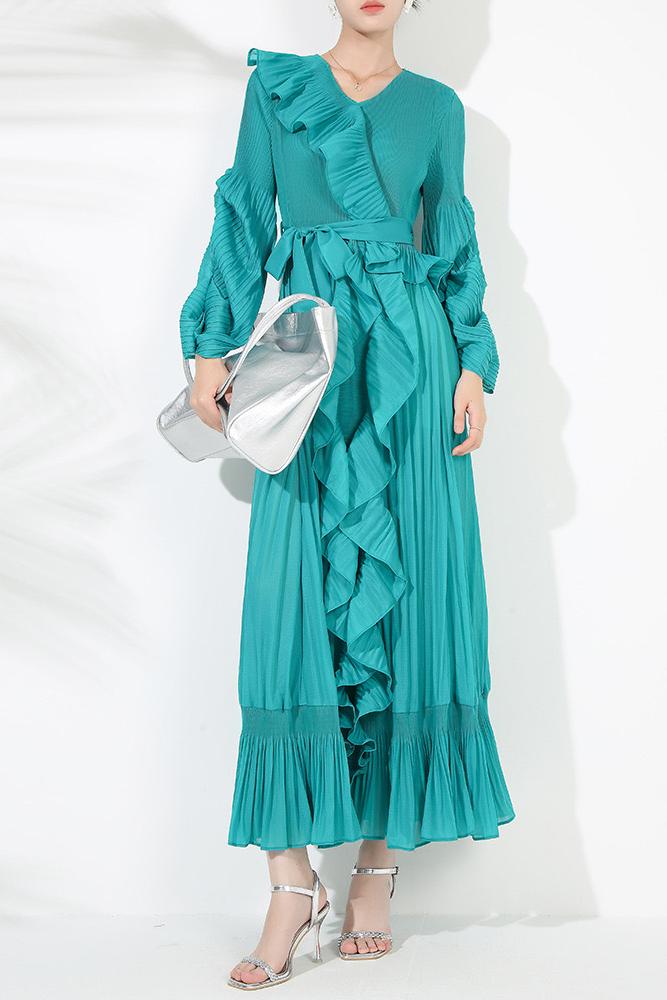 Miyake V-neck long sleeved lace up ruffle edge pleated socialite French dress with floral bud sleeves, big swing skirt, solid color dress Miyake V-neck long sleeved lace up ruffle edge pleated socialite French dress with floral bud sleeves, big swing skirt, solid color dress