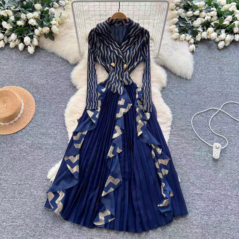 European and American cross-border three bedroom patchwork lotus leaf edge hot stamping pleated dress suit collar double breasted waist cinched long sleeved dress European and American cross-border three bedroom patchwork lotus leaf edge hot stamping pleated dress suit collar double breasted waist cinched long sleeved dress