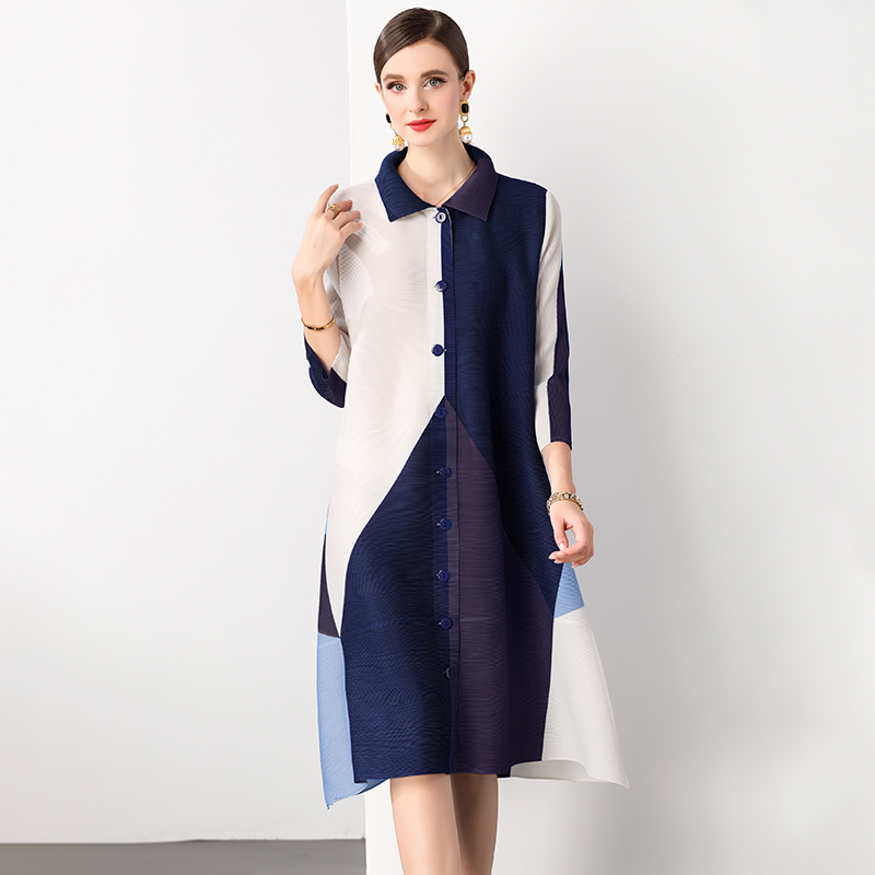 Sanzhai Spring and Autumn Mid length Loose Printed Slimming and Age Reducing Large Size MM Dress with Collar Fold and Nine Cent Sleeve Sanzhai Spring and Autumn Mid length Loose Printed Slimming and Age Reducing Large Size MM Dress with Collar Fold and Nine Cent Sleeve