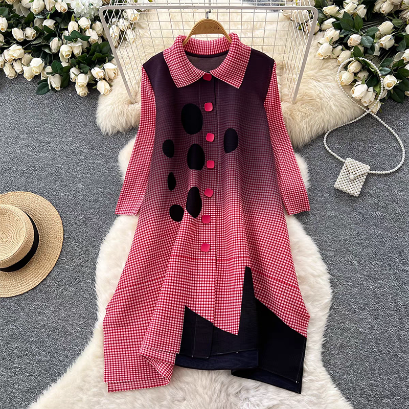 Sanzhai Spring and Autumn Mid length Loose Printed Slimming and Age Reducing Large Size MM Dress with Collar Fold and Nine Cent Sleeve Sanzhai Spring and Autumn Mid length Loose Printed Slimming and Age Reducing Large Size MM Dress with Collar Fold and Nine Cent Sleeve