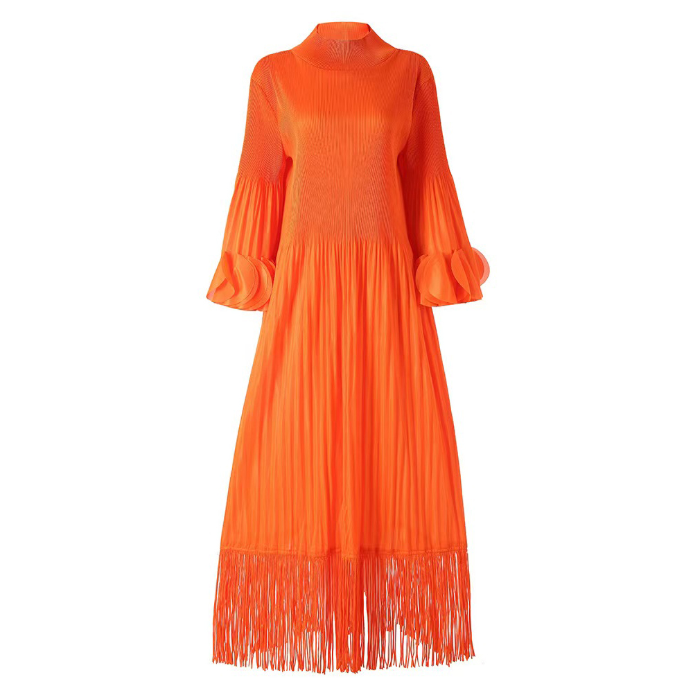 Miyake Cross border European, American, Middle Eastern Tassel Fold Design with Petal Repair Solid Color Dress for Ladies, Long Sleeves, Mid length Skirt Miyake Cross border European, American, Middle Eastern Tassel Fold Design with Petal Repair Solid Color Dress for Ladies, Long Sleeves, Mid length Skirt